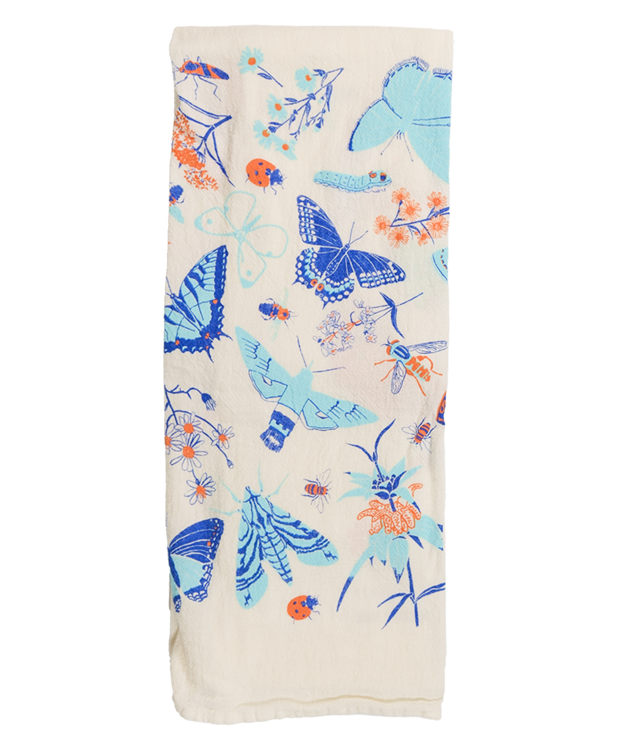 Claudia Pearson x High Line Wildflower Field tea towel, folded in sixths. The flour sack cotton tea towel is covered in illustrations of butterflies, ladybugs, moths, other insects and wildflowers in blues and oranges.